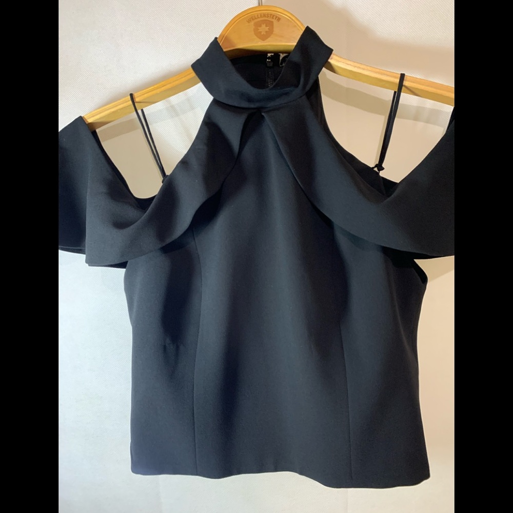 Alice + Olivia Black Cold-Shoulder Ruffle Halter Top